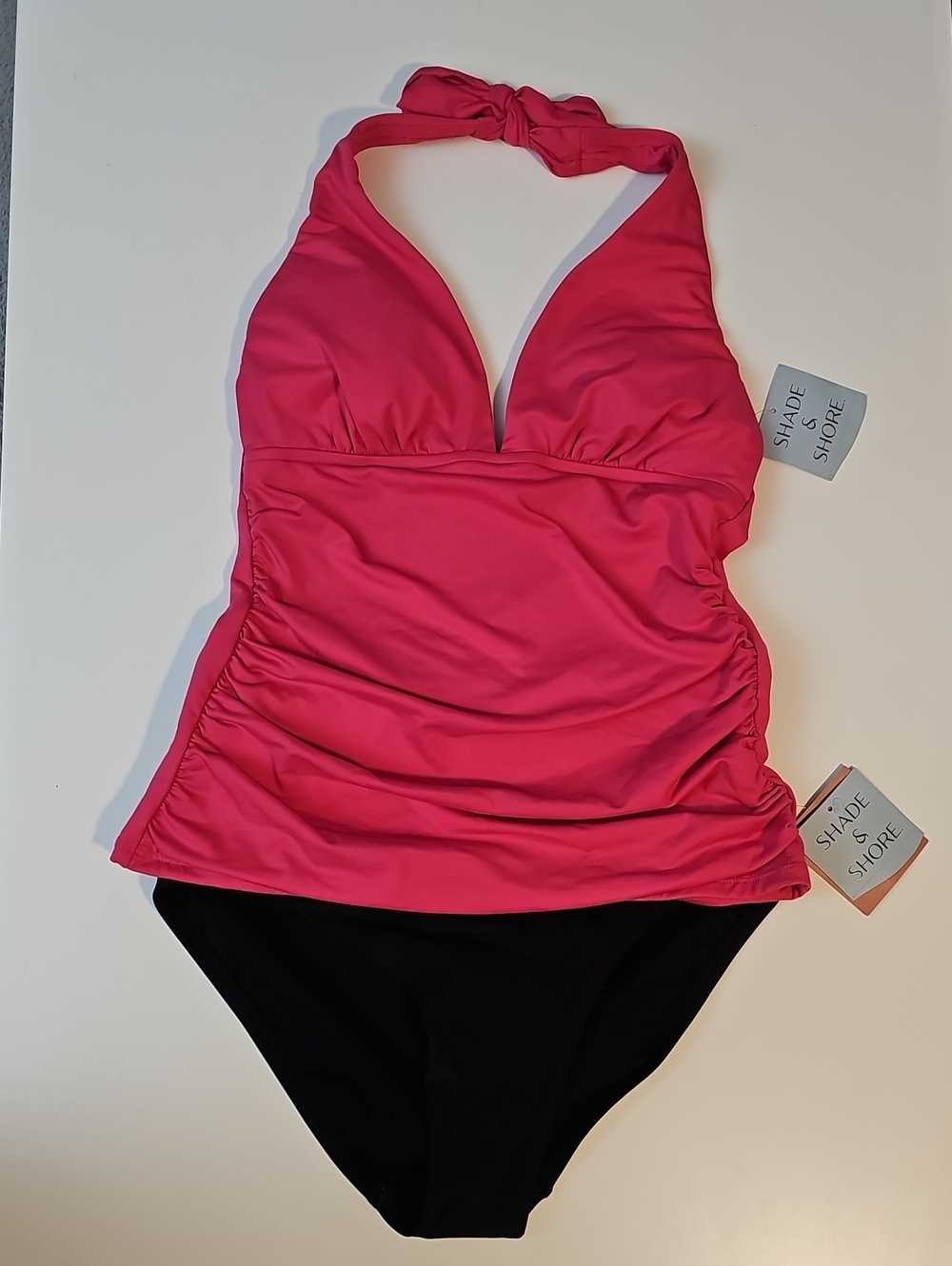 Shade & Shore Women's M Pink Smoothing Shirred Halter Tankini with Black Bottoms